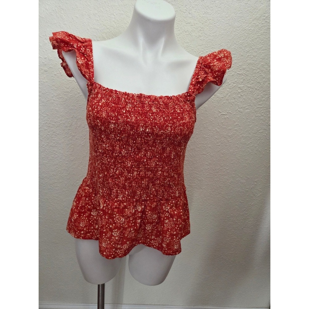 Madewell Smocked Peplum Top Red Floral Ruffle Sleeve Square Neck Women